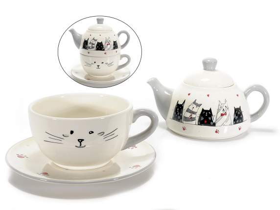 Set teiera e tazza in ceramica c/gatti innamorati in rilievo