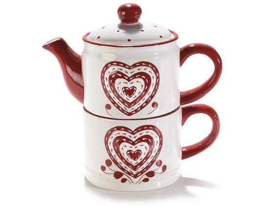 Set teiera e tazza in ceramica con decori a cuore in rilievo