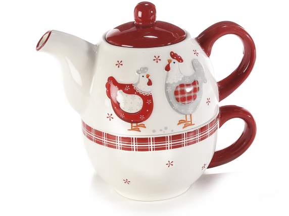 Set teiera e tazza in ceramica con decoro gallinelle
