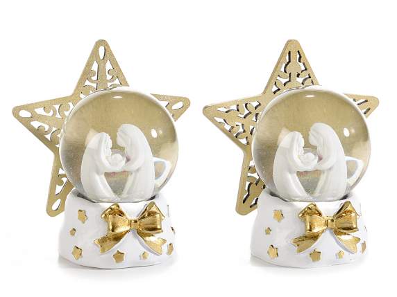 Snow globe with Nativity scene, resin base and golden decors