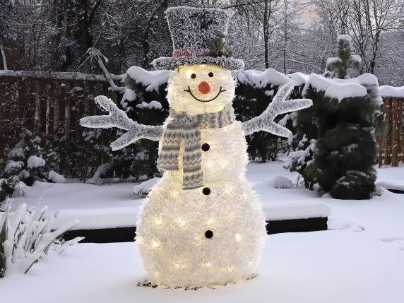 Snowman in snow-covered fabric with warm white led lights