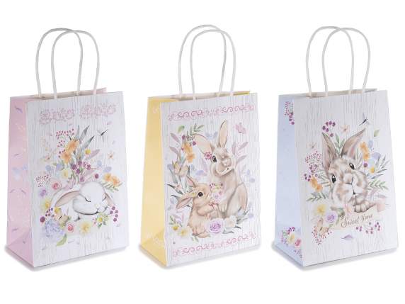 Bolsa-sobre pequeño de papel con asas estampadas conejitos