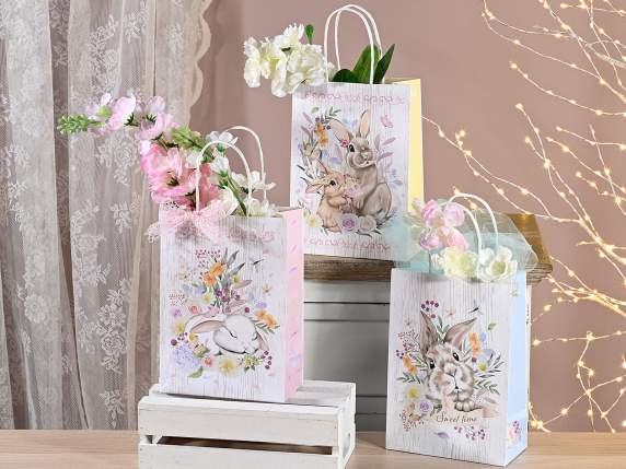 Bolsa-sobre pequeño de papel con asas estampadas conejitos