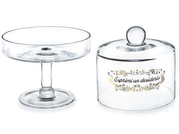 Soporte de cristal para pasteles con campana y letras