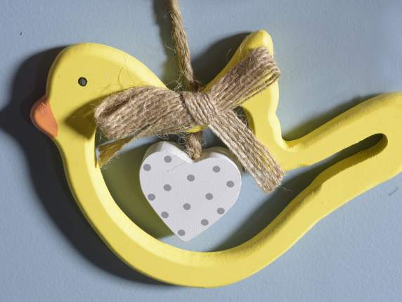 Wooden bird to hang with heart pendant and bow