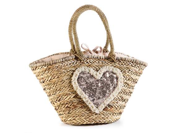 Straw bag with pink sequin heart and fabric interior