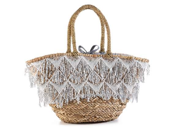 Straw bag with sequin and beaded pendants