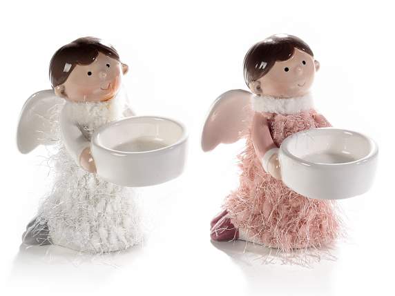 Suport lumanare ceramica inger cu rochie din fir sidefat