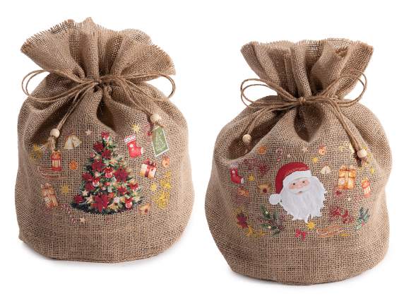 Sac Panettone en toile effet jute, lien et décorations