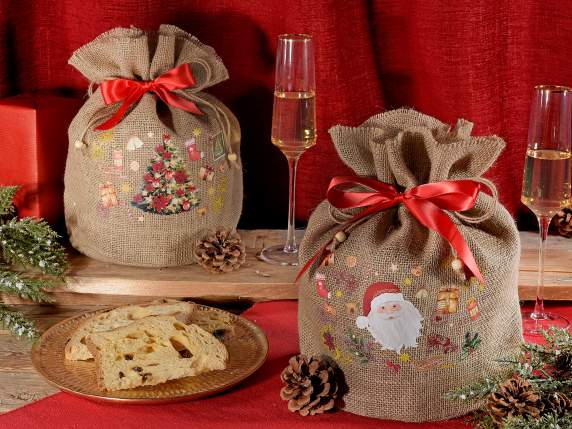 Sac Panettone en toile effet jute, lien et décorations
