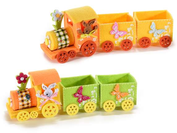 Sweet gift train in colored cloth with bunnies and flowers
