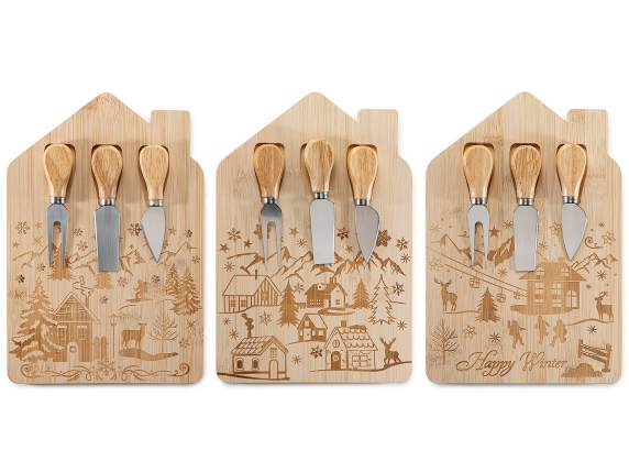 Juego de quesos con tabla de cortar de madera y 3 cuchillos
