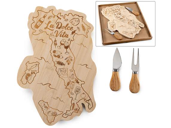 Juego de quesos con tabla de cortar de madera y 2 cuchillos