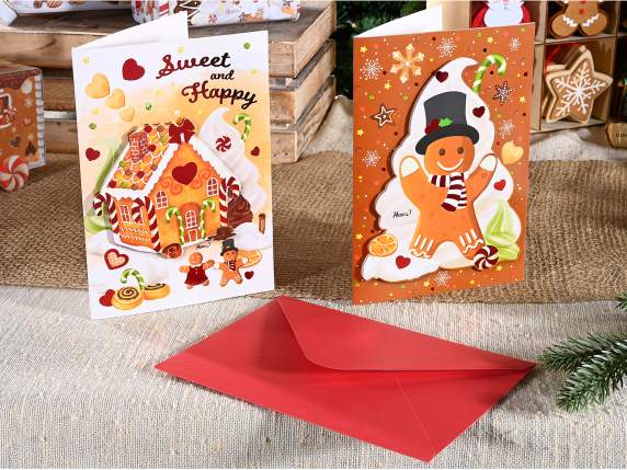 Tarjeta de felicitación navideña 3D con adornos de jengibre