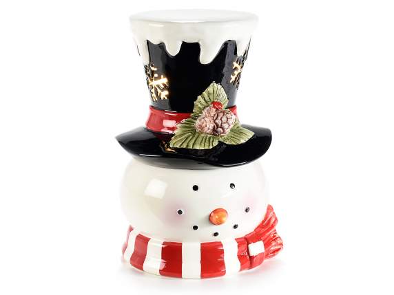Tarro de cerámica con forma de muñeco de nieve y luces LED
