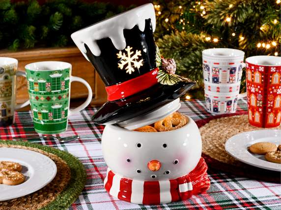 Tarro de cerámica con forma de muñeco de nieve y luces LED