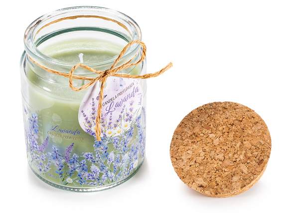 Vela perfumada en frasco de vidrio con tapón de corcho.