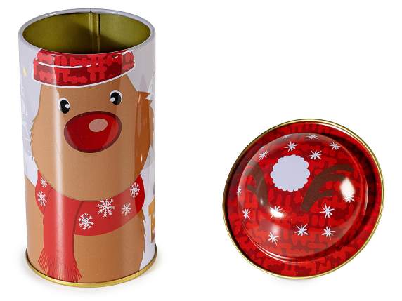 Tarro de metal navideño apto para alimentos con tapa.