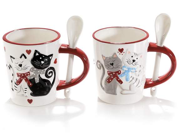 Tasse ceramique avec chat en relief et culliere