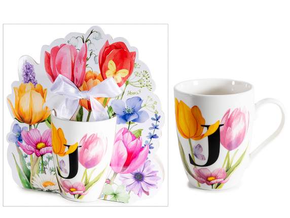 Taza de porcelana de 300 ml con estampado floral y letra J