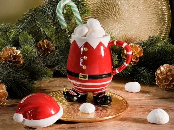 Taza cerámica Papá Noel 500 ml con adornos dorados y tapa
