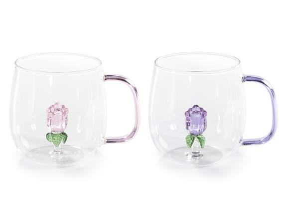 Taza de cristal de 450 ml con flor 3D y asa de color