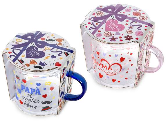 Taza de cristal de 350 ml con estampado de mamá y papá