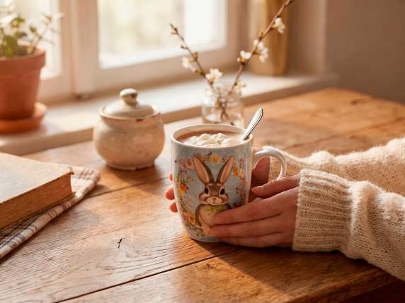 Taza porcelana 300 ml con decoraciones conejito y flores