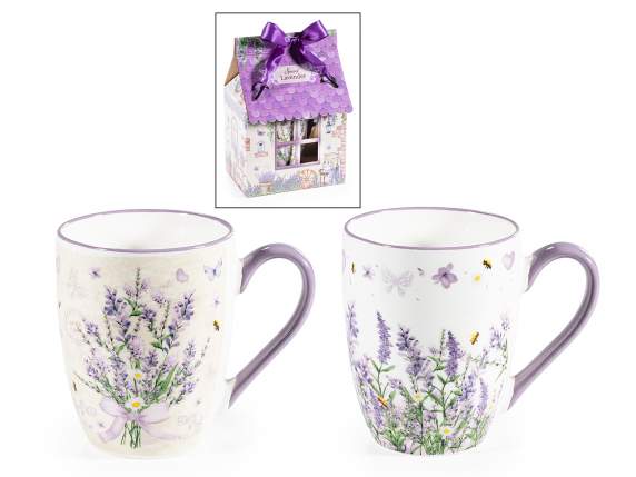 Taza de porcelana de 300 ml con decoraciones de lavanda.