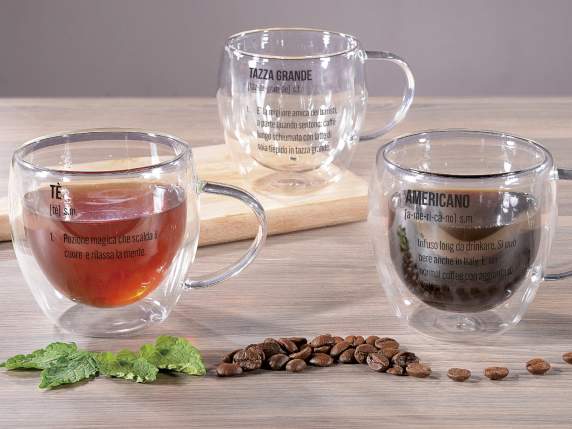 Taza de vidrio de 200 ml con doble fondo y escritura decorat