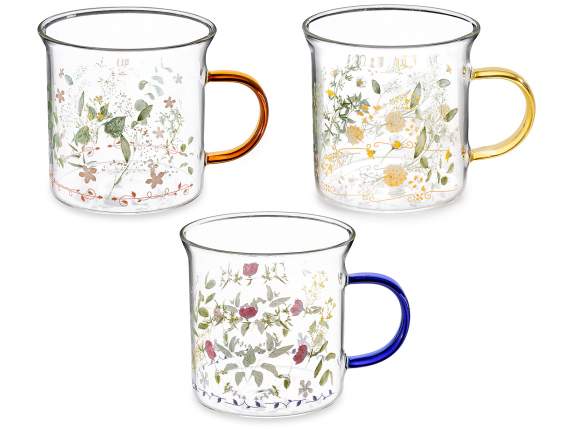 Taza de cristal de 350 ml con estampado floral y asa