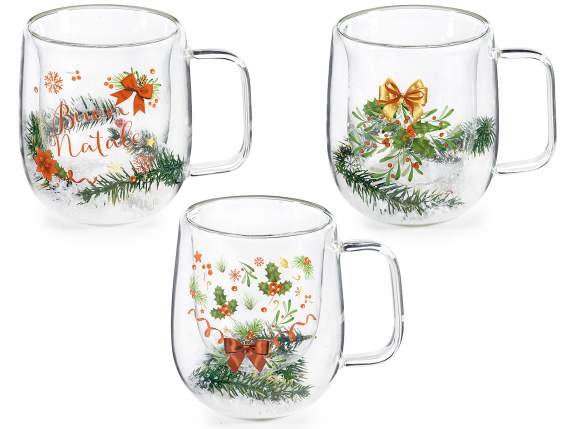 Taza de cristal de 200 ml con doble fondo adornos navideños