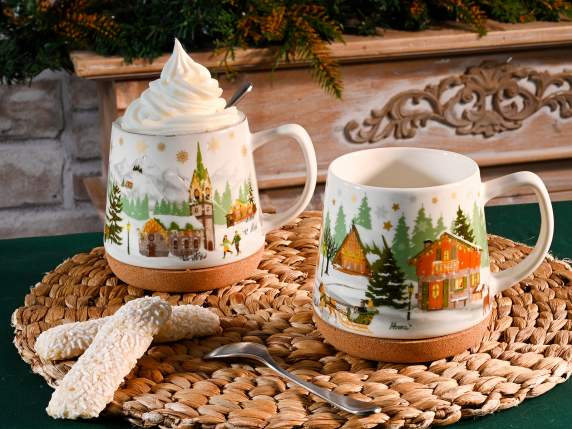 Taza navideña de porcelana de 500 ml con base de corcho