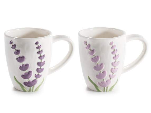 Taza de cerámica de 300 ml con flores de lavanda en relieve.