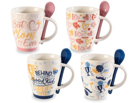 Taza de porcelana de 350 ml para mamá y papá con cuchara