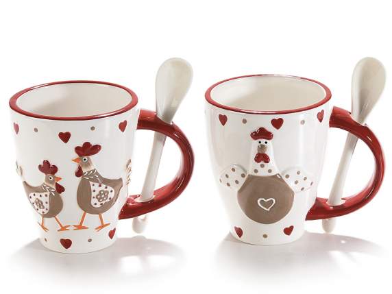 Tazza in ceramica c/decoro gallinelle e cucchiaino integrato