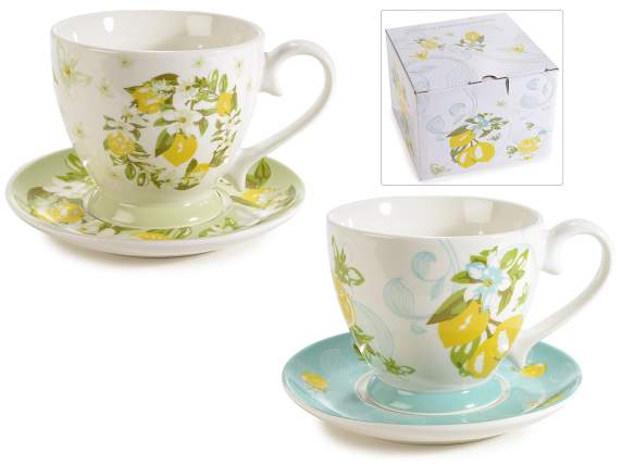 Tazza in porcellana da 400ml con piattino e stampa limoni