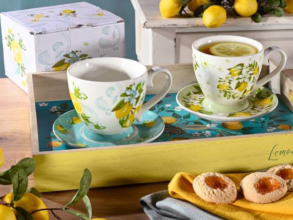 Tazza in porcellana da 400ml con piattino e stampa limoni
