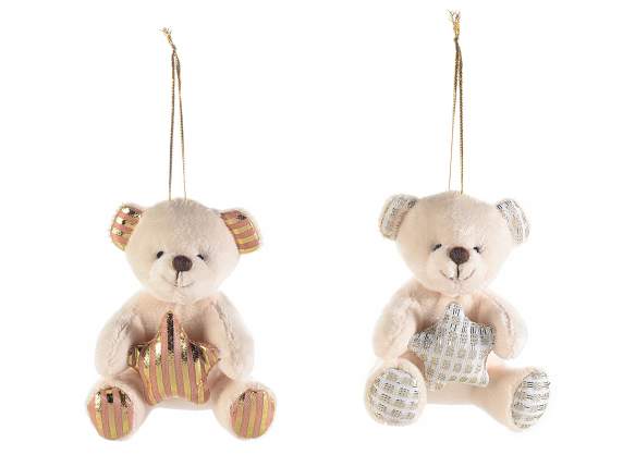 Teddy bear with printed decorations and gold lamé to hang