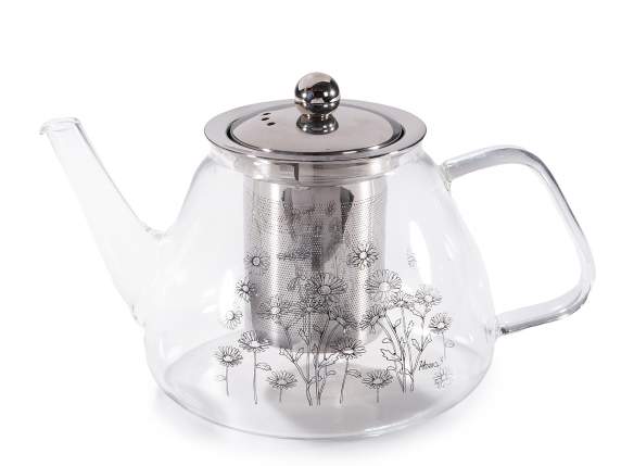 Tetera de cristal decorada 850ml con filtro y tapa de acero