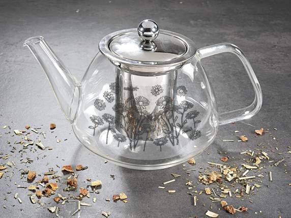 Tetera de cristal decorada 850ml con filtro y tapa de acero