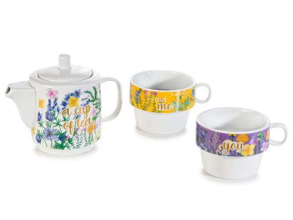 Juego tetera y 2 tazas porcelana con decoraciones florales