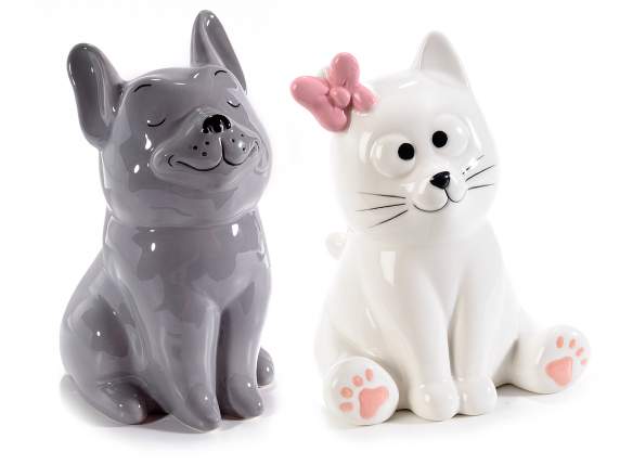 Tirelire chien et chat en céramique colorée