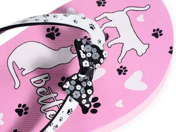 Paire de tongs pour femme avec imprimé chat et cordon