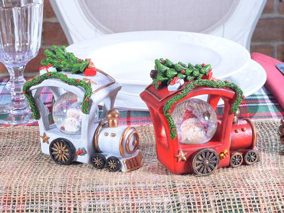 Bola de nieve en tren navideño con Papá Noel en resina