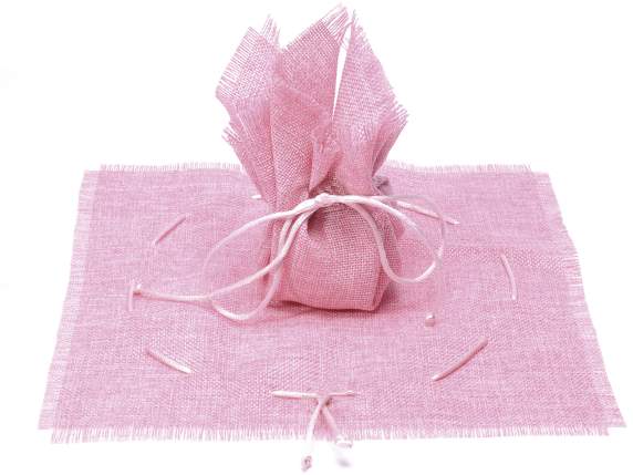 Square tulle fabric with fringed edge and pink tie