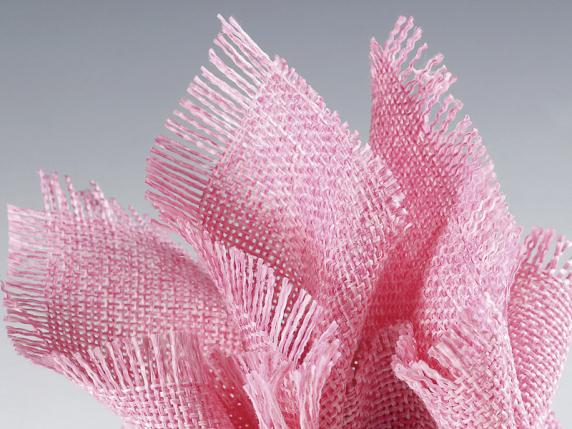 Square tulle fabric with fringed edge and pink tie