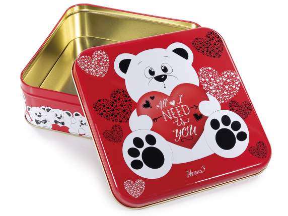Square metal box with teddy bear and heart print