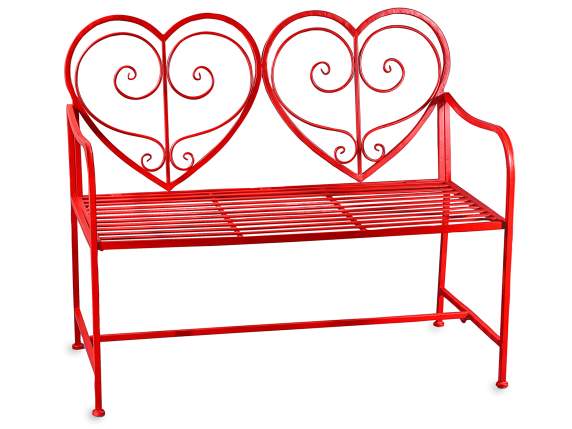 Red metal bench with heart-shaped backrest