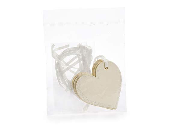 Pack of 10 heart tags in cream paper with glitter edge and s